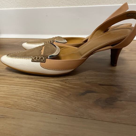 Tod’s Debbie Slingback pumps pointed toe loafer style tan brow white size 8.5 - Picture 7 of 11